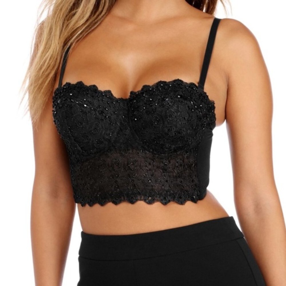 Windsor Black Nude Sequined Bustier Top Size Small